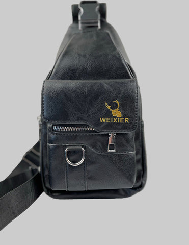 Black sling bag with 'WEIXIER' logo on a white background