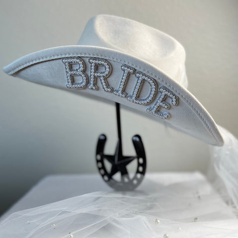 Bride Cowgirl Hat With Silver Pearl Beaded Strip