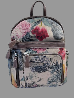 Floral patterned backpack with brown accents on a white background