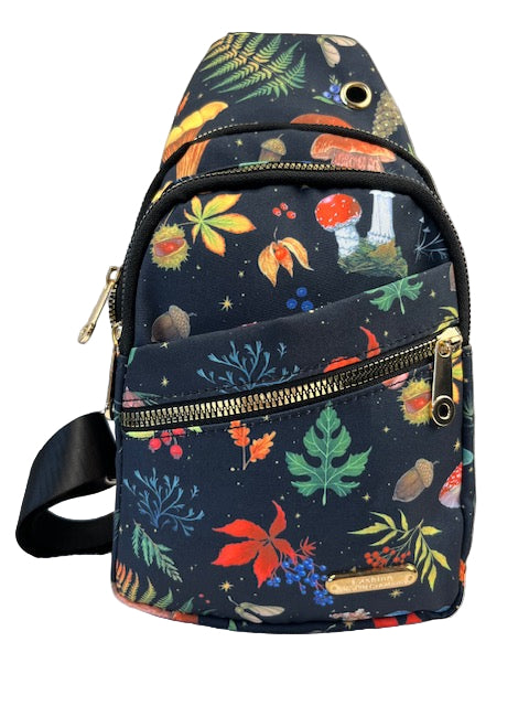 Fanny pack with colorful floral and nature-themed design on a plain background