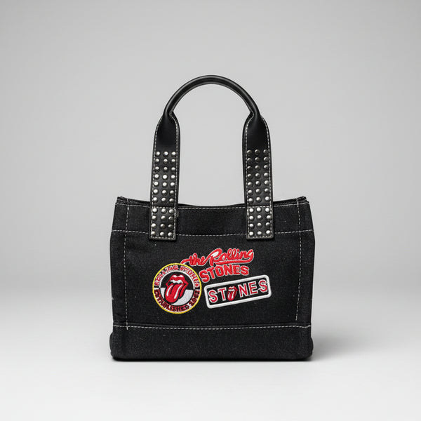 The Rolling Stones Denim Patch Mini Tote With Studded Handles/ Crossbody Strap