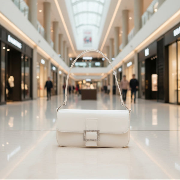 Women's White Vintage Rectangular Patent Leather Shoulder Bag