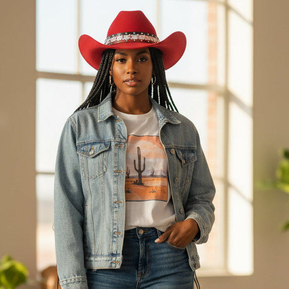 Bright Red Western Star-Studded Cowboy Cowgirl Hat