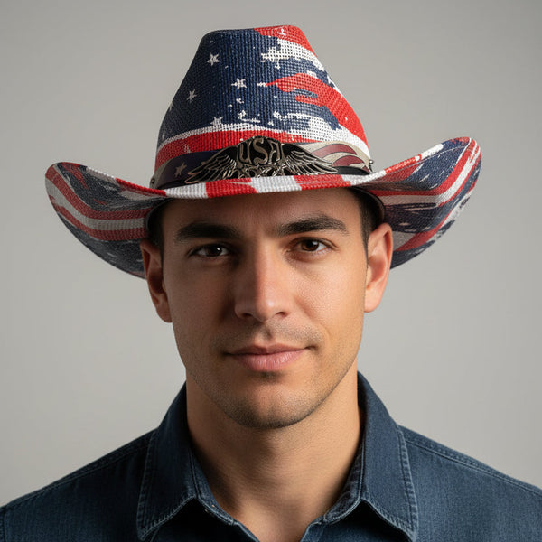 Red White & Blue Distressed Pattern Cowboy Cowgirl Hat