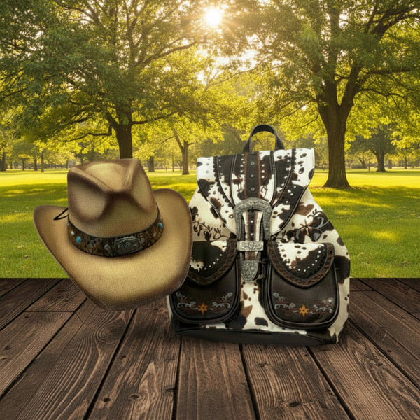 Brown and White Cow- Print Leather Buckle Backpack With Silver Western- Style Hardware