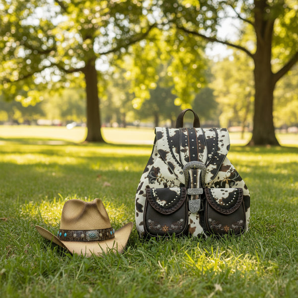 Brown and White Cow- Print Leather Buckle Backpack With Silver Western- Style Hardware