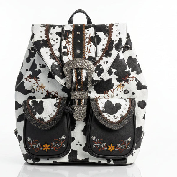 Black & White- Cow-Print-Leather Buckle Backpack & Cowboy Cowgirl Hat Combo
