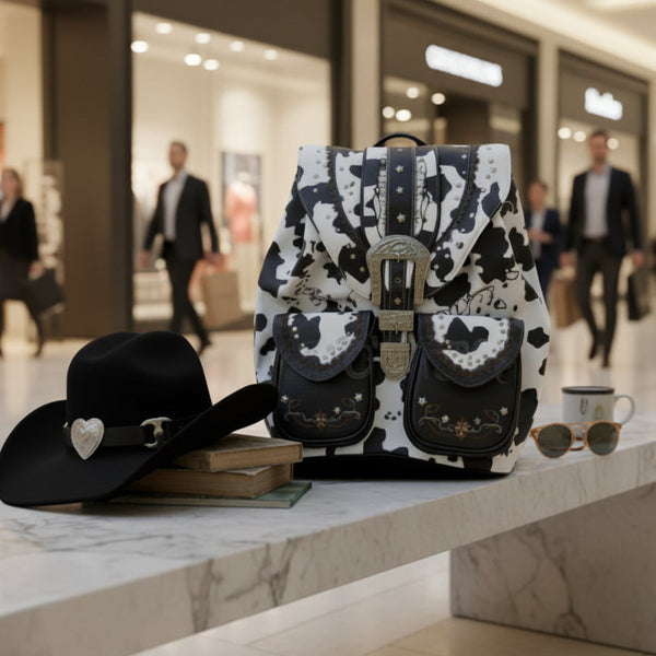 Black & White- Cow-Print-Leather Buckle Backpack & Cowboy Cowgirl Hat Combo