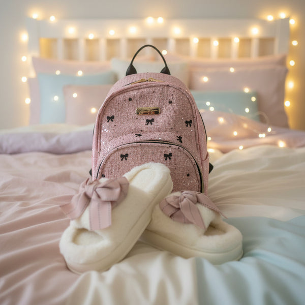 Jessica Simpson  Backpack with  Pink and White Fuzzy Open-Toe Slippers Combo