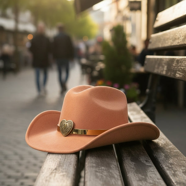 Women's Peach-Colored Cowboy Hat With Gold Heart Shaped