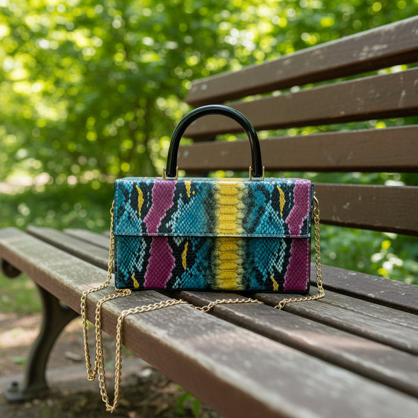 Multi- Colored Snakeskin-Patterned Rectangle Box Purse Handbag