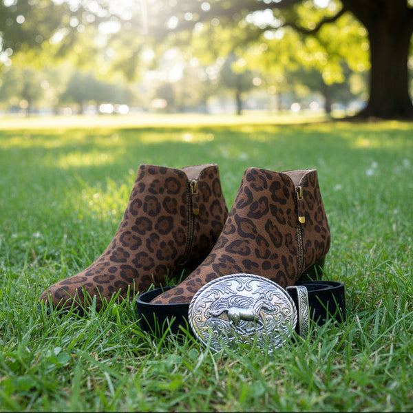 Women's Brown Leopard Ankle Booties &  Western Belt Combo