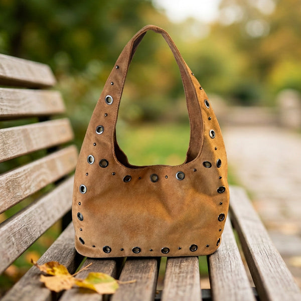 Women's Studded Vegan Suede Carmel & Toffee Hobo Bag