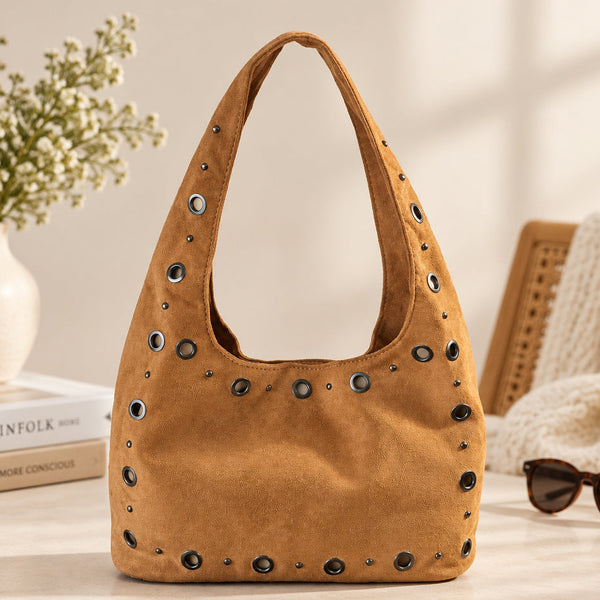 Women's Studded Vegan Suede Carmel & Toffee Hobo Bag