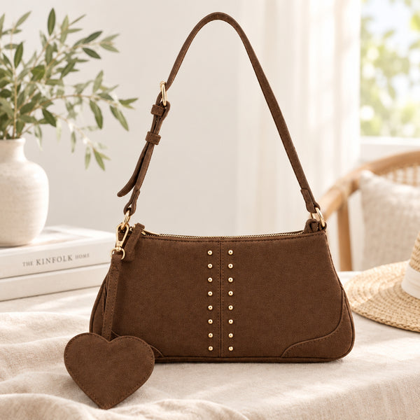 Brown Studded Vegan Suede Minimalist Shoulder HandBag