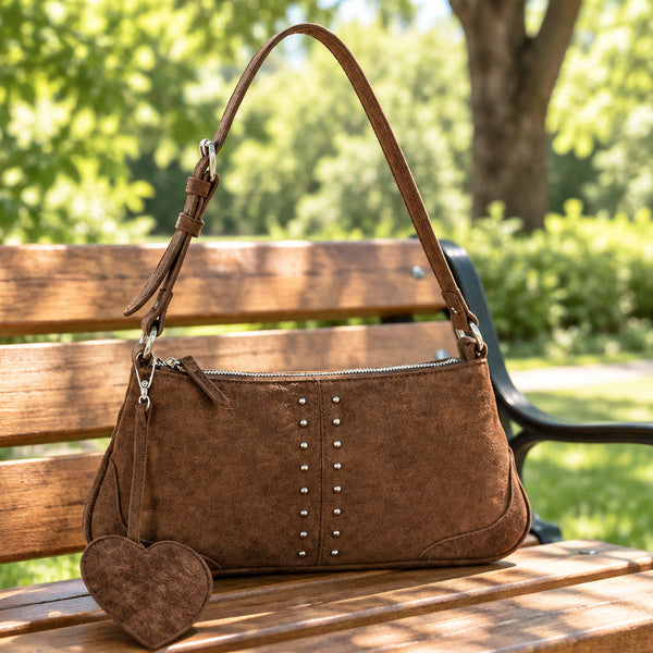 Brown Studded Vegan Suede Minimalist Shoulder HandBag