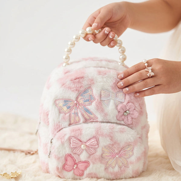 Girls Pink & White Plush Mini Backpack