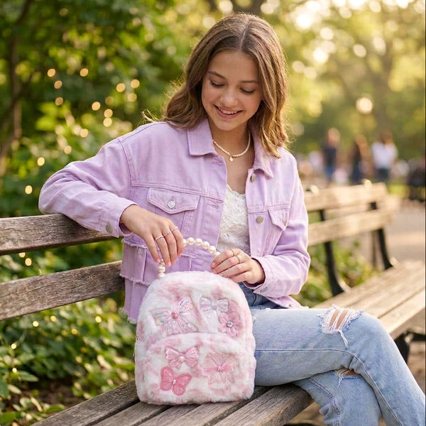 Girls Pink & White Plush Mini Backpack