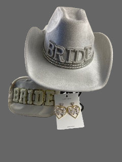 White Cowboy Hat With 'BRIDE"Band Set