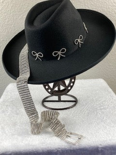 Black Rhinestone Ribbon Fedora Hat