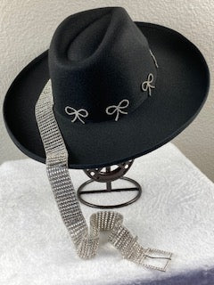 Black Rhinestone Ribbon Fedora Hat