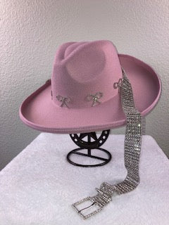 Pink Rhinestone Ribbon Fedora Hat