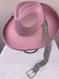 Pink Rhinestone Ribbon Fedora Hat