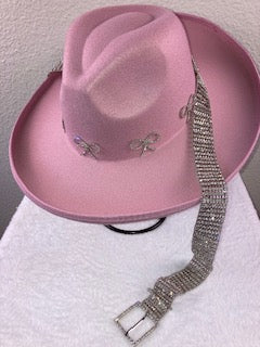 Pink Rhinestone Ribbon Fedora Hat