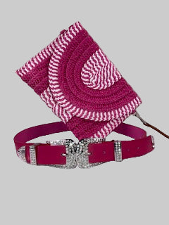 Fuchsia Straw Clutch - Crossbody & Double Buckle Belt Combo Adjustable One Size Fits.