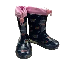 Pair of navy rain boots with pink interior on a white background