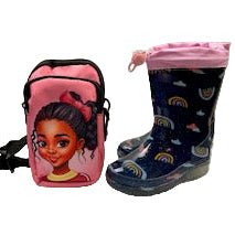 Children's rain boots with a matching backpack featuring a cartoon character on a white background