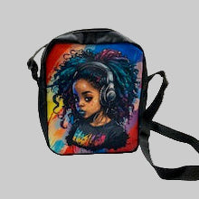 Colorful shoulder bag with a design of a woman with braided hair on a black background
