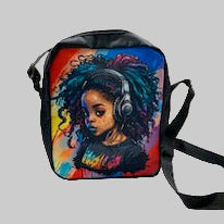 Colorful bag with a design of a child wearing headphones on a white background