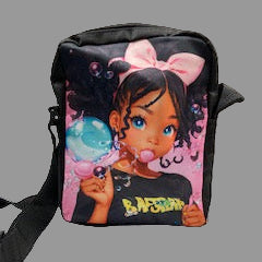 Black bag with a cartoon character of a girl blowing a bubble, on a white background