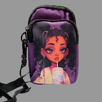 Purple bag with a colorful design on a textured white surface