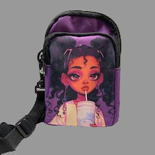 Small purple bag with a cartoon character attached to a wall.