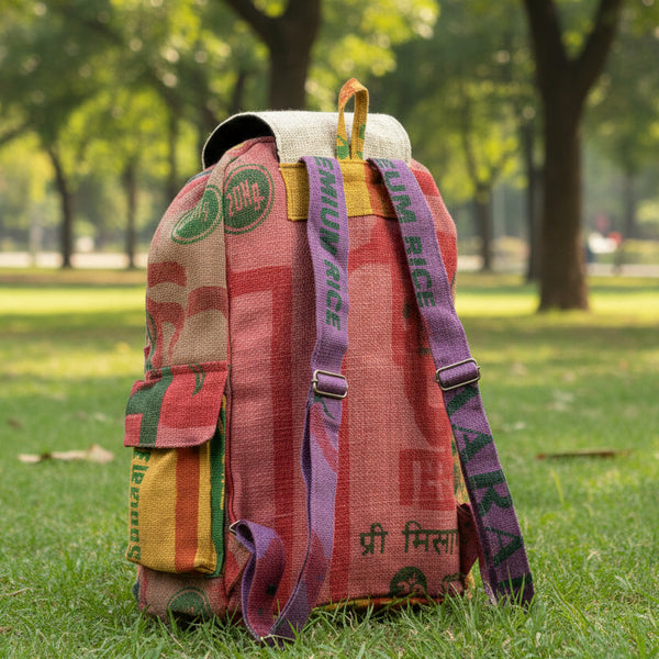 Colorful bag with text and patterns on a plain background