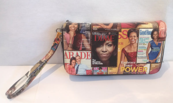 Glossy magazine cover collage Michelle Obama Clutch Bag with Colorful Pictures