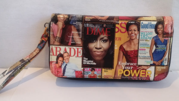 Glossy magazine cover collage Michelle Obama Clutch Bag with Colorful Pictures